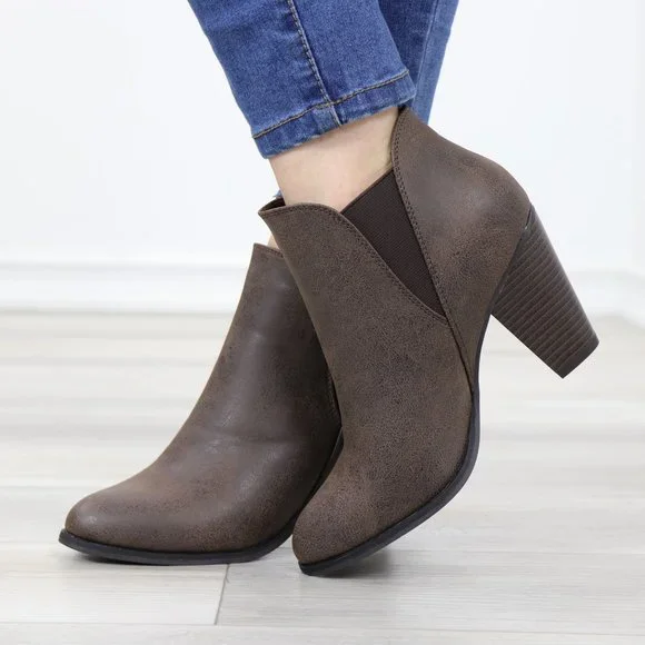 Chelsea Cone High Heel Ankle Boots Brown Synthetic Leather Pointed Toe - Picture 9 of 14